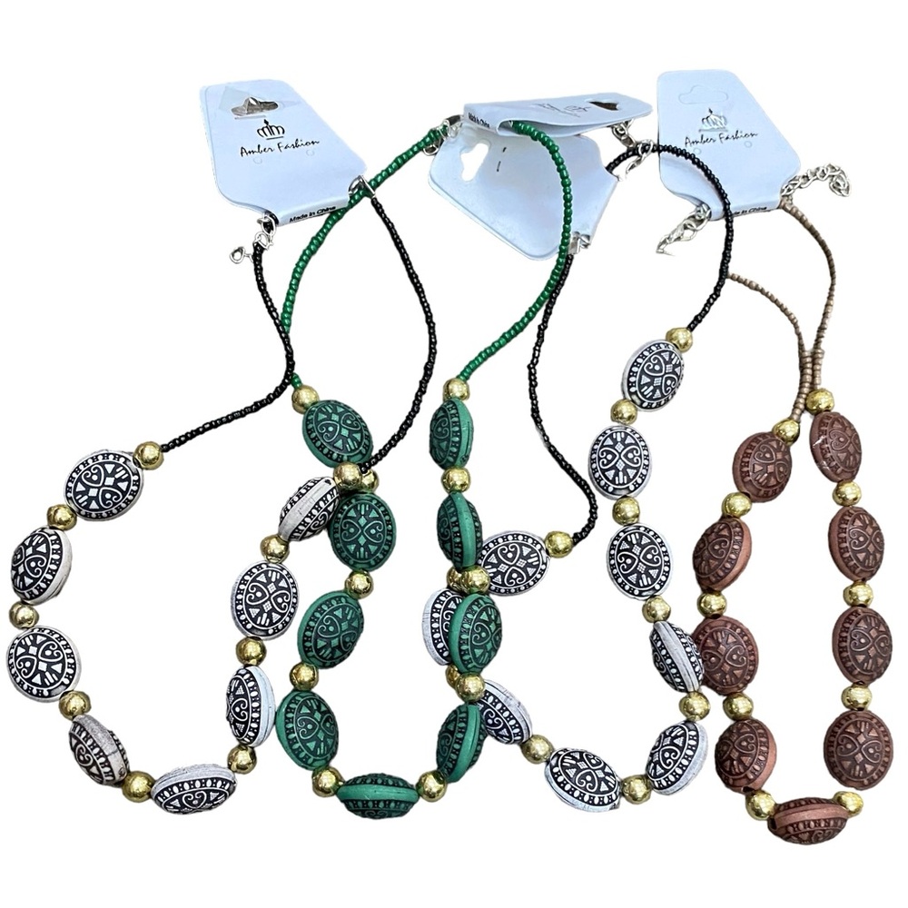 Lot of 4 Beaded Necklaces Green Brown Ivory Ethnic Tribal Beads New